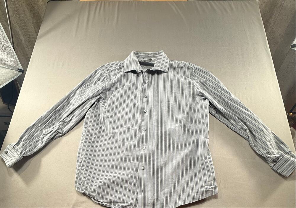 Kenneth Cole Reaction Slim Fit Dress Shirt Mens Gray Striped 16-1/2 32-33